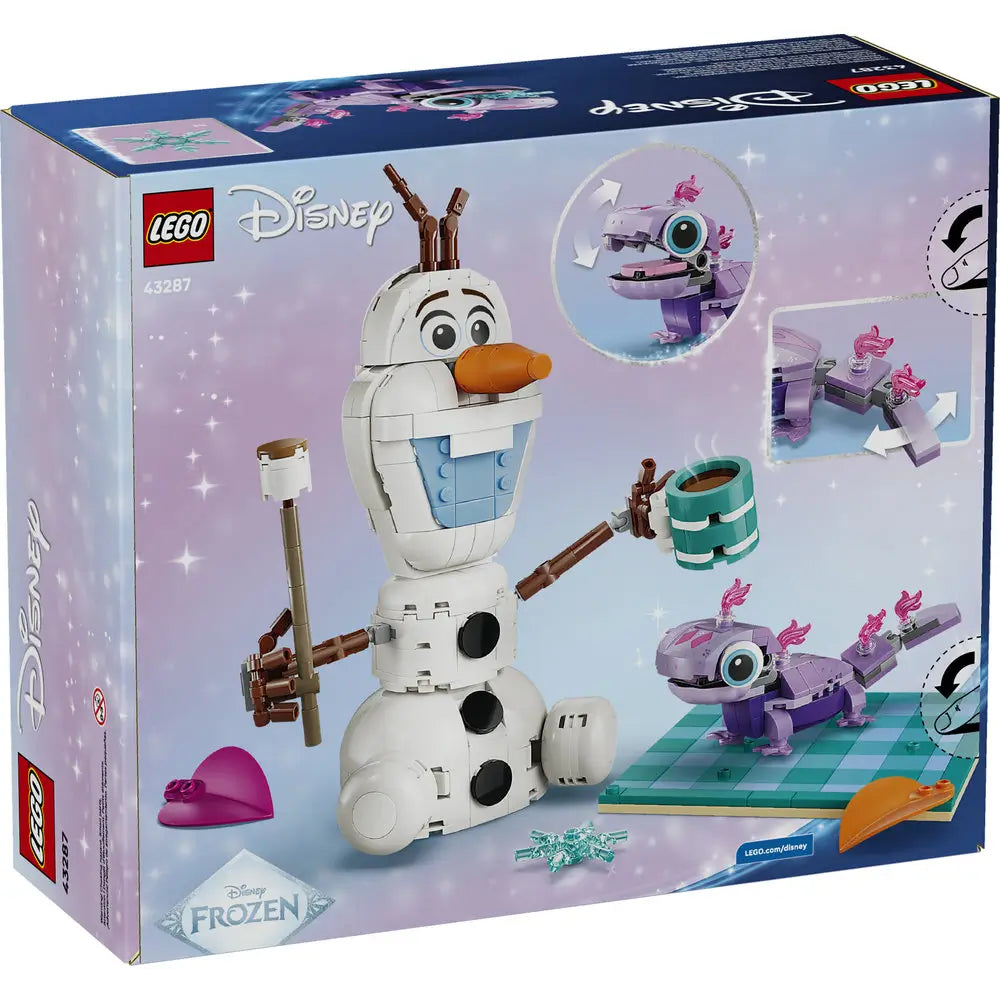 LEGO Disney Frozen Olaf and Bruni’s Picnic Fun packaging back showing play features, poseable Olaf snowman, Bruni character, picnic accessories, and illustrated building functions.