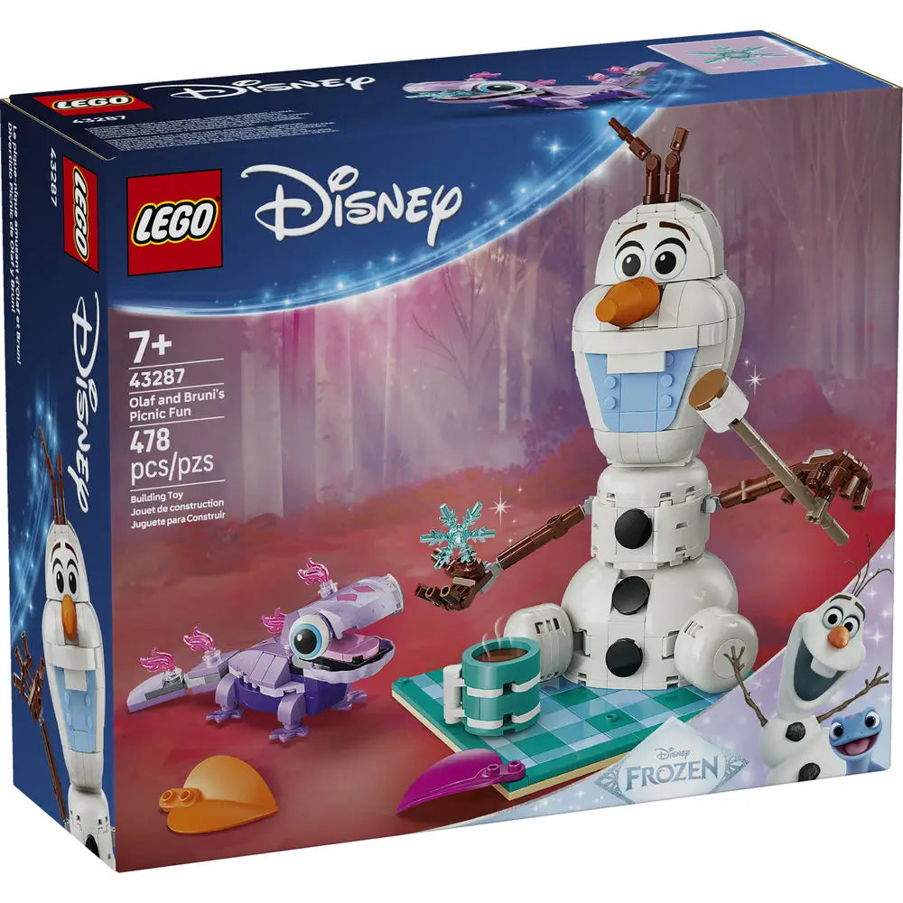 LEGO Disney Frozen Olaf and Bruni’s Picnic Fun box showing white Olaf snowman build, purple Bruni figure, picnic setup, 7+ age marking, piece count, and official LEGO Disney branding.