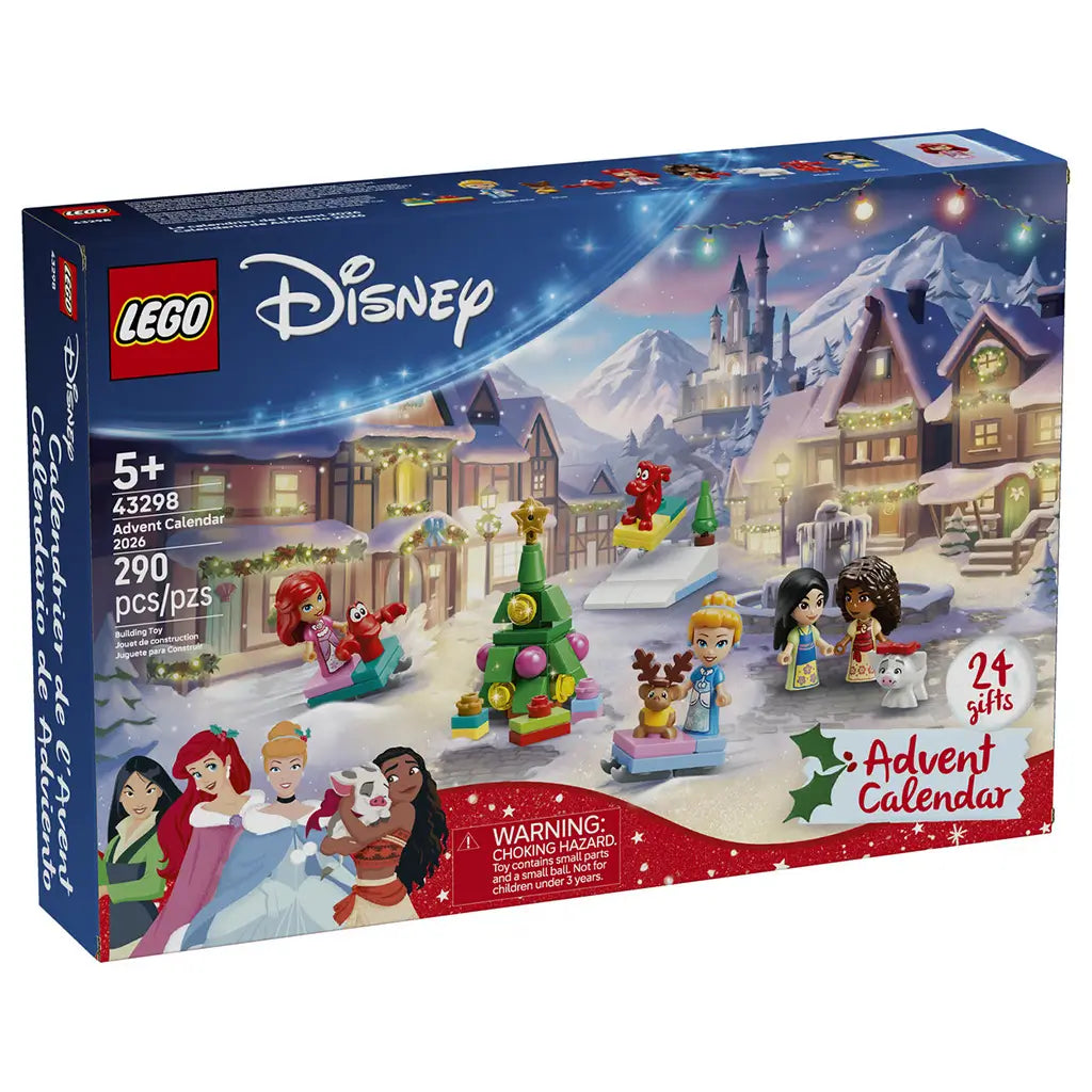 LEGO Disney Princess Advent Calendar 2026 set 43298 comes in a blue cardboard box showing a snowy castle village, colorful figures, Christmas tree, 24 gifts and 290 pieces.