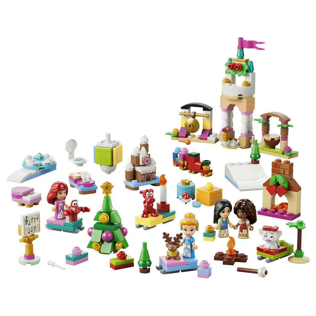LEGO Disney Princess Advent Calendar 2026 set 43298 features colorful plastic princess figures, animal friends, a Christmas tree, train, castle tower and festive mini builds.