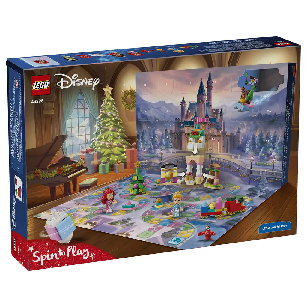 LEGO Disney Princess Advent Calendar 2026 set 43298 has a blue cardboard box back showing a snowy castle calendar, colorful game mat, princess figures, Christmas tree and train.