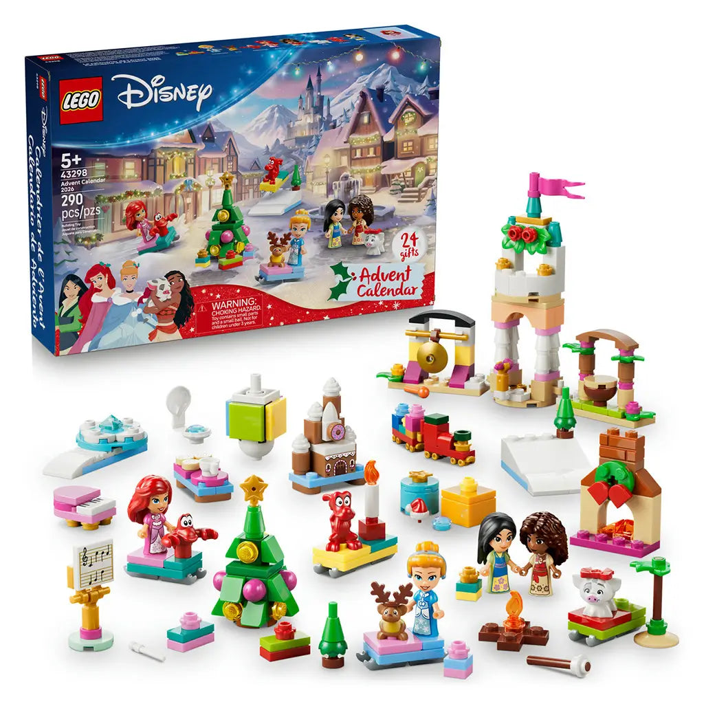 LEGO Disney Princess Advent Calendar 2026 set 43298 pairs a blue snowy castle box with colorful plastic figures, animal friends, a train, Christmas tree and festive mini builds.