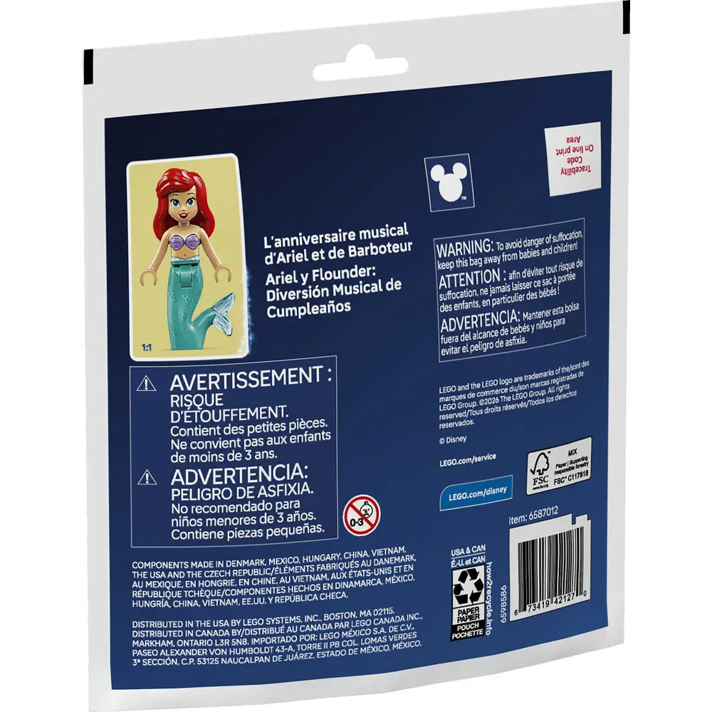 LEGO Disney Ariel and Flounder’s Birthday Music Fun package back in dark blue printed cardboard, displaying character close ups, multilingual safety warnings, Disney branding, barcode, recycling icons, and manufacturer information arranged across the rear panel.