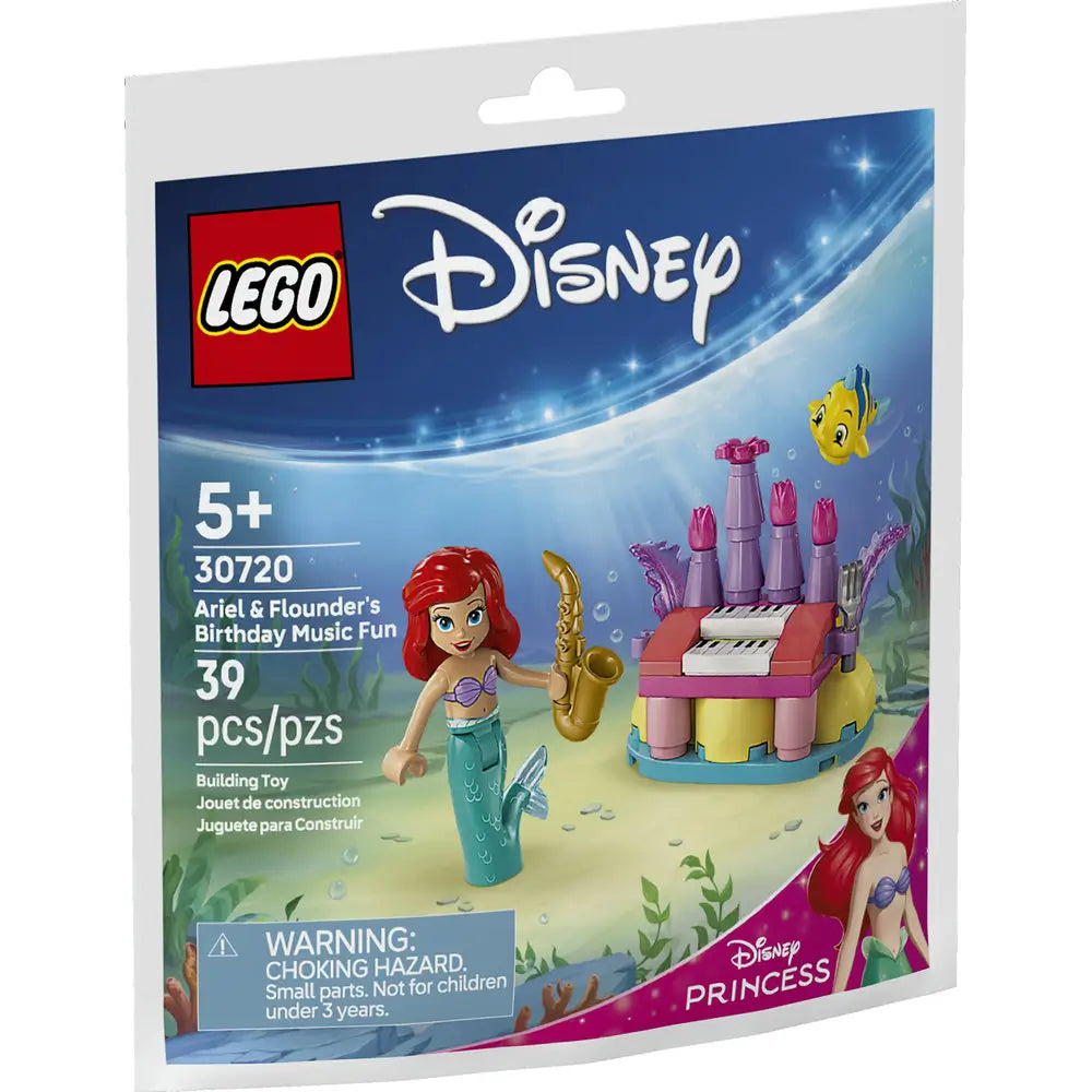 LEGO Disney Ariel and Flounder’s Birthday Music Fun set packaging in blue and teal cardboard, showing Ariel mermaid mini doll with musical build under the sea, LEGO Disney Princess branding, age 5 plus label, and piece count on the front.