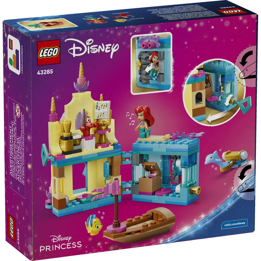 LEGO Disney Princess Ariel’s Magical Mini Palace packaging back showing play functions, opening features, character interactions, underwater accessories, and illustrated building details against a purple branded background.