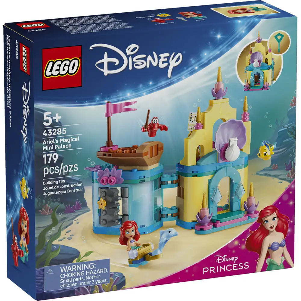 LEGO Disney Princess Ariel’s Magical Mini Palace box displaying the pastel underwater palace build, Ariel mini figure, Sebastian and Flounder characters, 5+ age label, piece count, and official LEGO Disney branding.