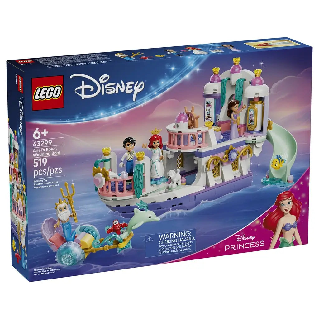 LEGO Disney Princess Ariel's Royal Wedding Boat box front in navy and pink shows the white, lavender, pink, and teal 519-piece boat, Ariel, Eric, sea friends, and chariot.