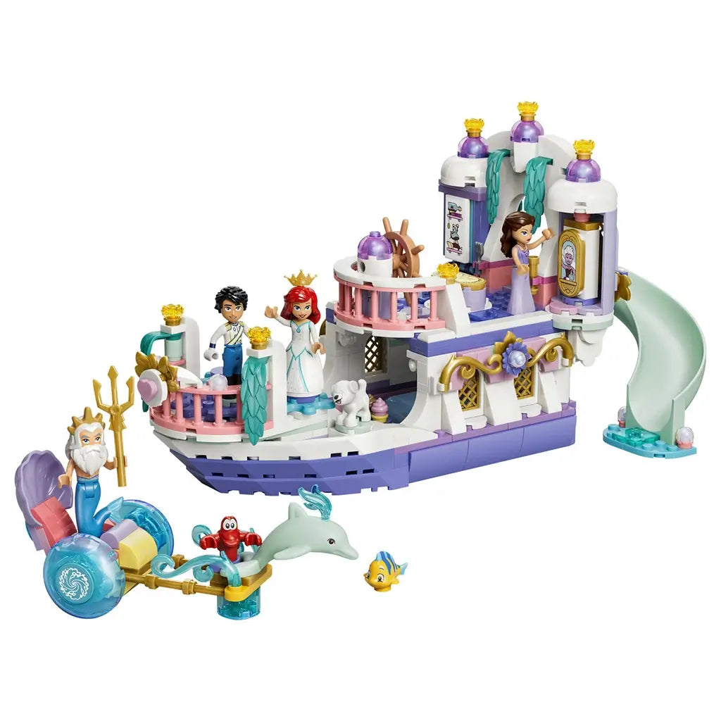 LEGO Disney Princess Ariel's Royal Wedding Boat in white, lavender, pink, and teal plastic features Ariel, Eric, sea friends, a curved slide, and King Triton's wheeled chariot.
