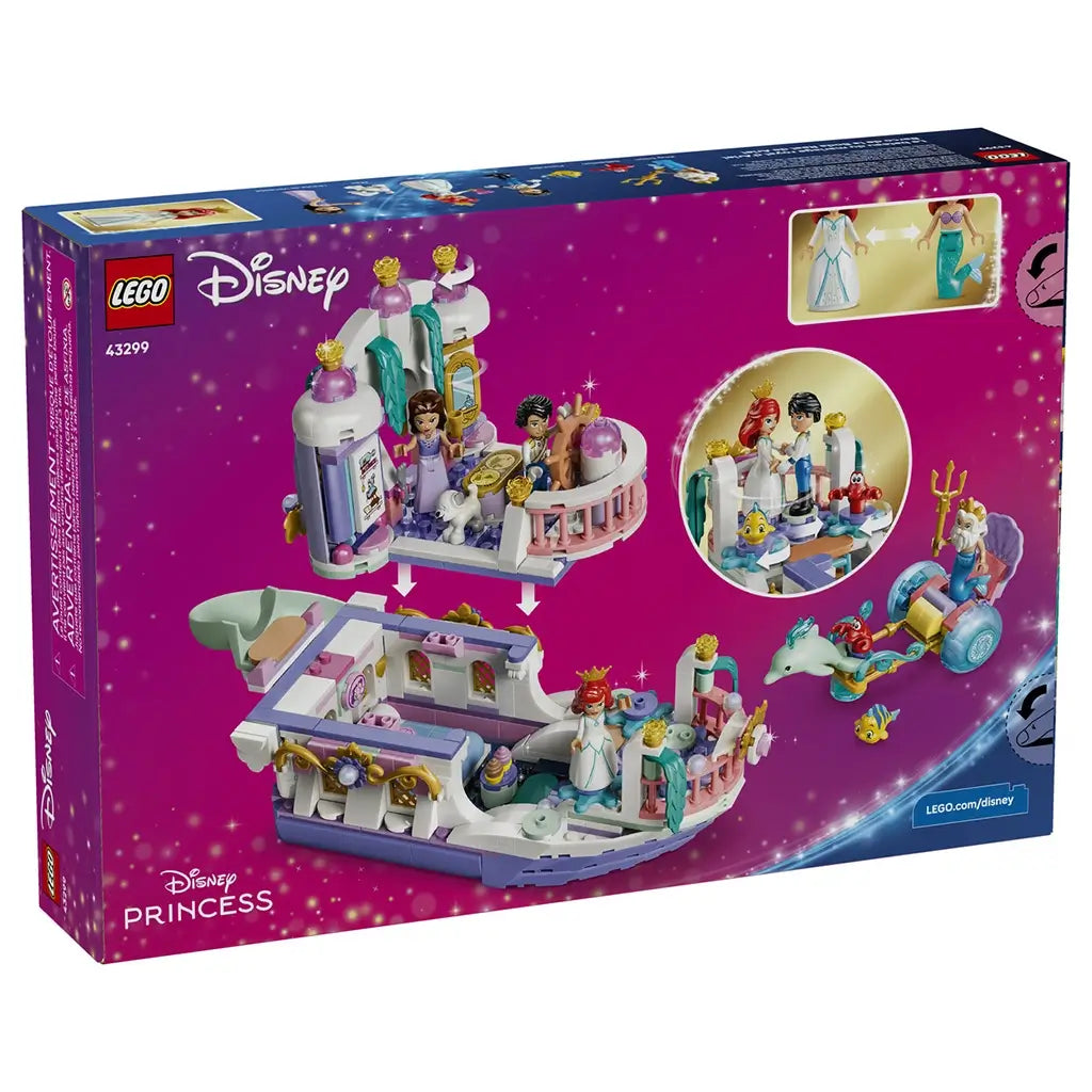 LEGO Disney Princess Ariel's Royal Wedding Boat box back in magenta and navy shows the modular white, lavender, pink, and teal boat, figures, sea chariot, and play features.