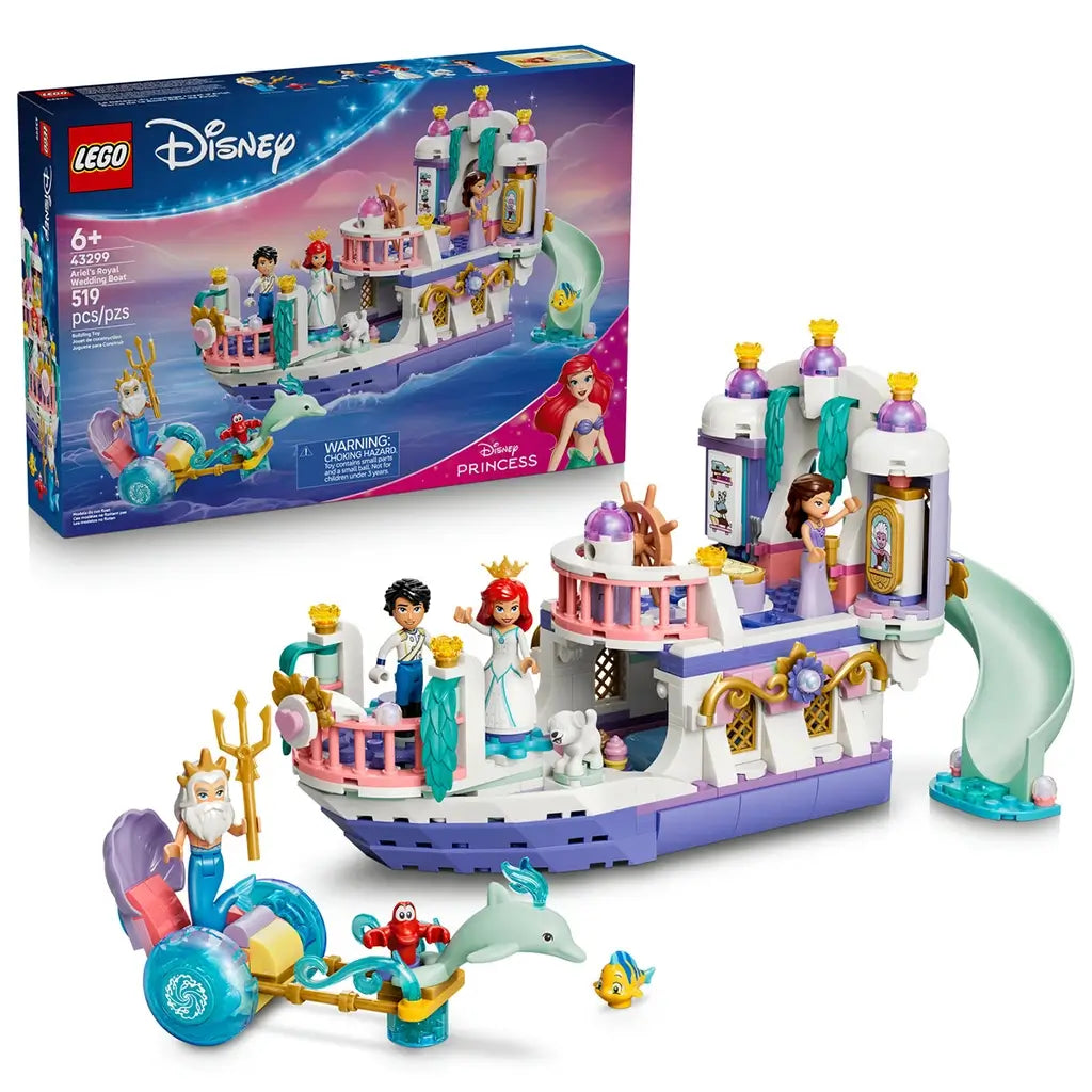 LEGO Disney Princess Ariel's Royal Wedding Boat set features a white, lavender, pink, and teal plastic boat with Ariel, Eric, sea friends, King Triton's chariot, and retail box.