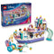 LEGO Disney Princess Ariel's Royal Wedding Boat set features a white, lavender, pink, and teal plastic boat with Ariel, Eric, sea friends, King Triton's chariot, and retail box.