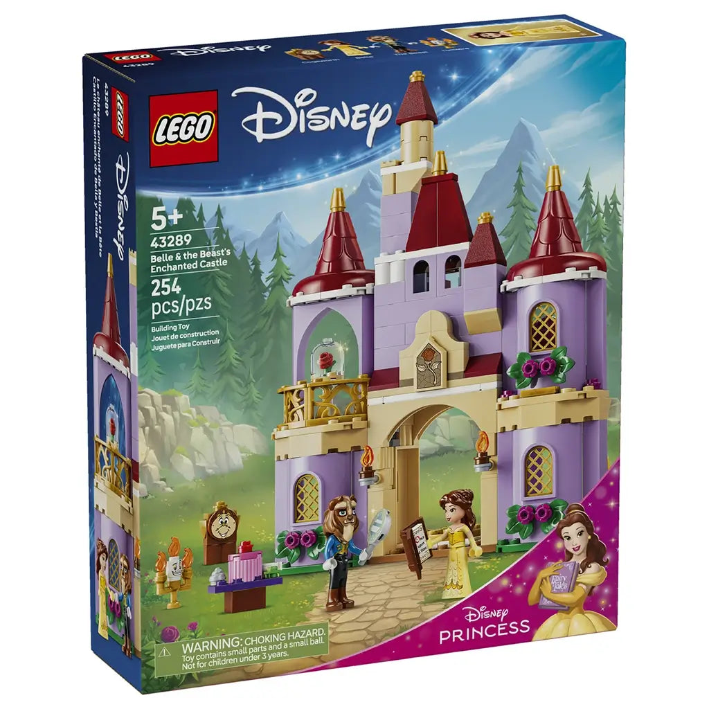 LEGO Disney Princess Belle and the Beast's Enchanted Castle box front shows the lavender, tan, red, and gold 254-piece castle set with figures and enchanted accessories.