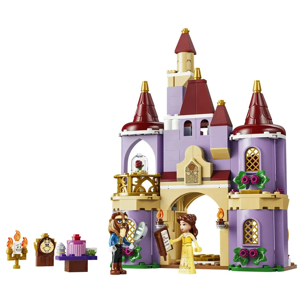 LEGO Disney Princess Belle and the Beast's Enchanted Castle in lavender, tan, red, and gold plastic features Belle, Beast, Lumiere, Cogsworth, rose, and floral towers.