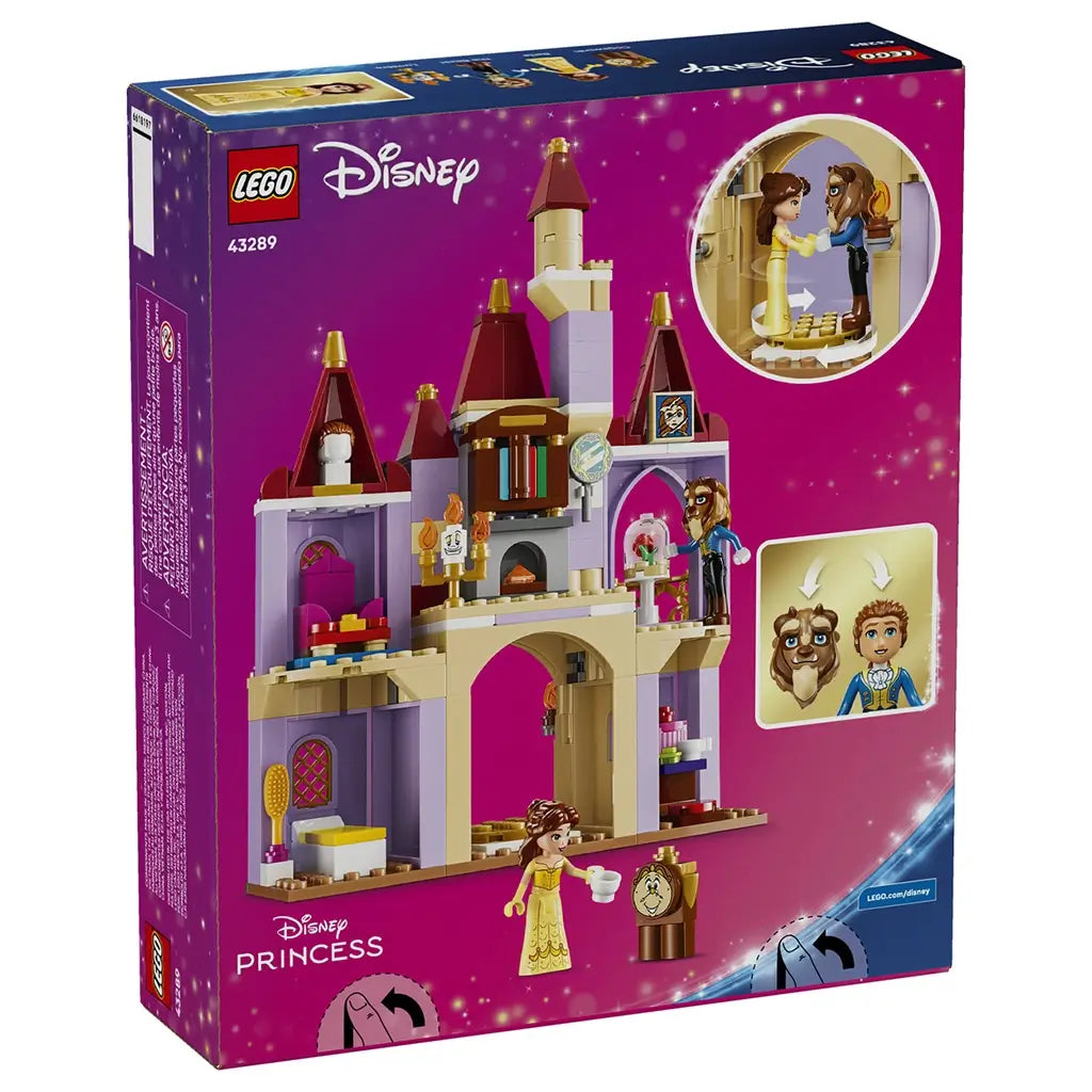 LEGO Disney Princess castle set box back in magenta shows a lavender and tan brick castle interior with Belle, Beast, enchanted accessories, play features, and red turrets.