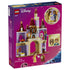 LEGO Disney Princess castle set box back in magenta shows a lavender and tan brick castle interior with Belle, Beast, enchanted accessories, play features, and red turrets.