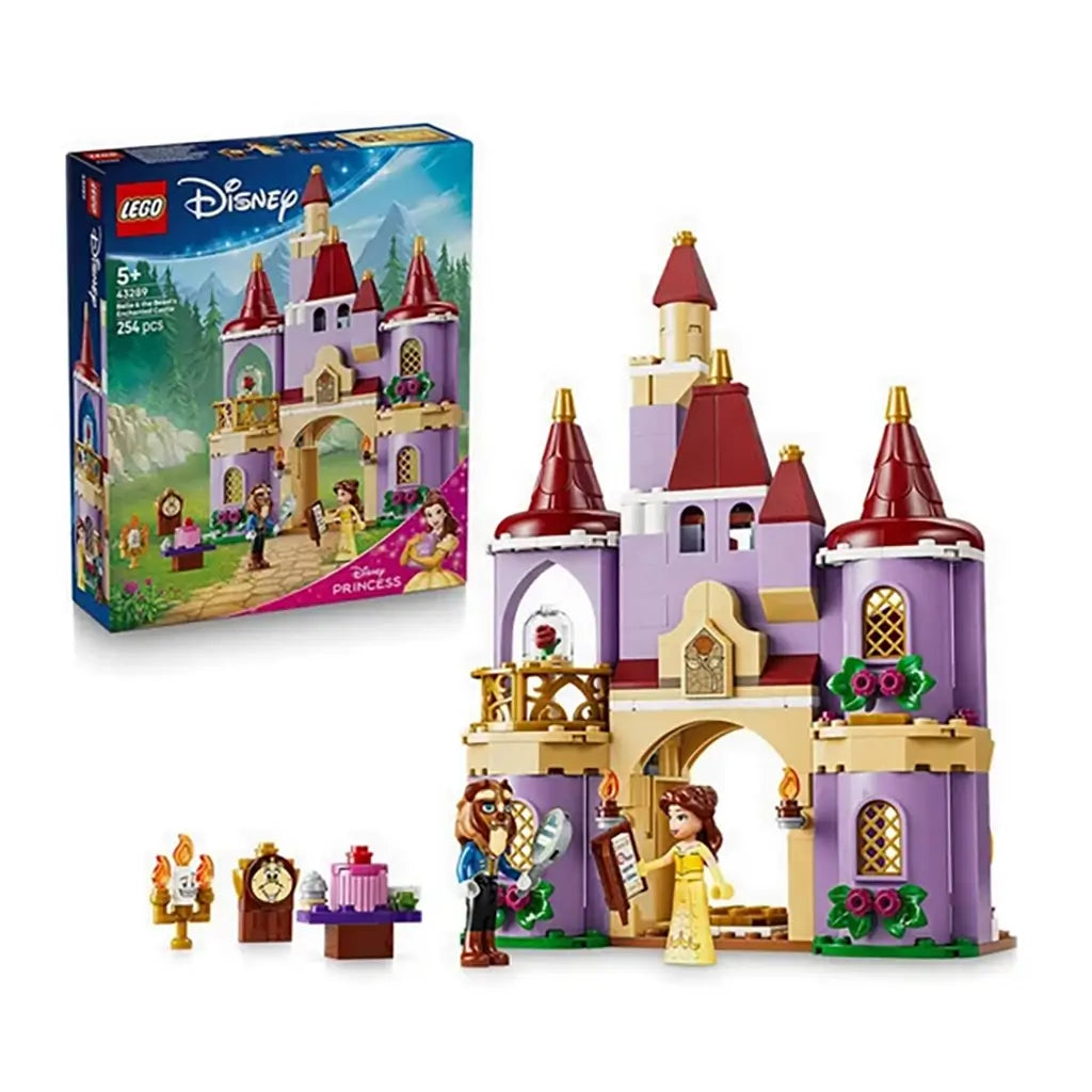 LEGO Disney Princess Belle and the Beast's Enchanted Castle in lavender, tan, red, and gold plastic shows Belle, Beast, Lumiere, Cogsworth, and the 254-piece set box.
