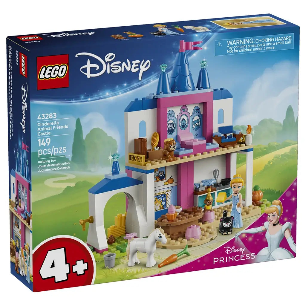 LEGO Disney Princess Cinderella Animal Friends Castle 43283 box in blue and pink shows the 149-piece castle, Cinderella, animal friends, accessories, and age 4+ label.