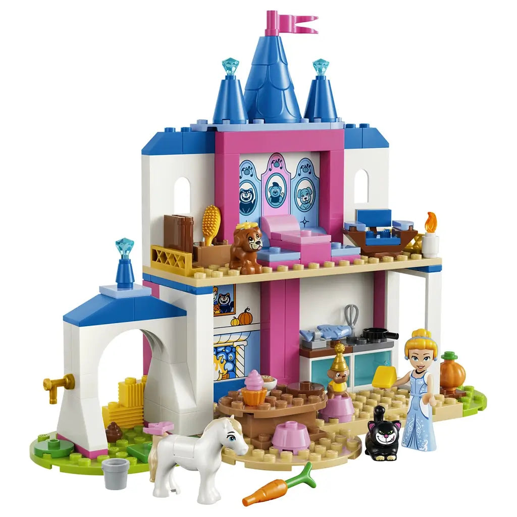 LEGO Disney Princess Cinderella Animal Friends Castle in blue, pink, white, and tan plastic features Cinderella, animal figures, two levels, dining area, and stable.