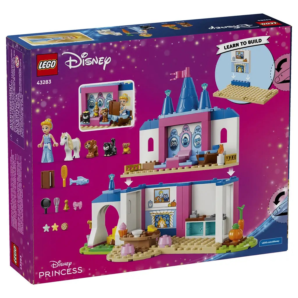 LEGO Disney Princess Cinderella Animal Friends Castle 43283 package back in magenta shows the modular blue, pink, white, and tan castle, animal figures, and accessories.