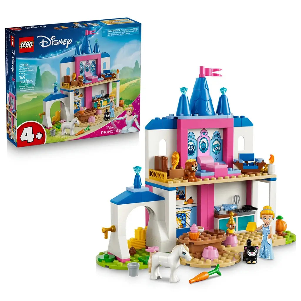 LEGO Disney Princess Cinderella Animal Friends Castle in blue, pink, white, and tan plastic is displayed with Cinderella, animal figures, accessories, and the set box.