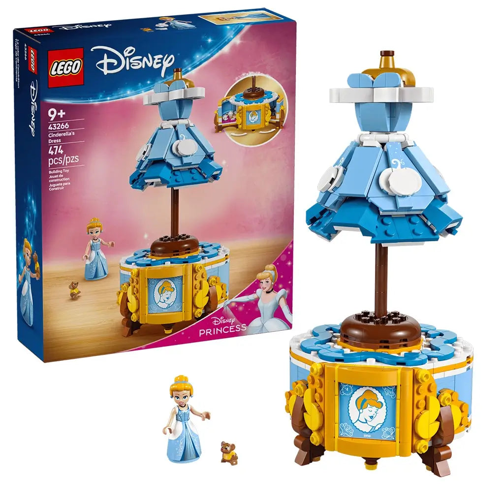 LEGO Disney Princess Cinderella collection featuring the blue and white dress display, retail box, Cinderella minifigure and mouse accessory arranged on a clean white background.