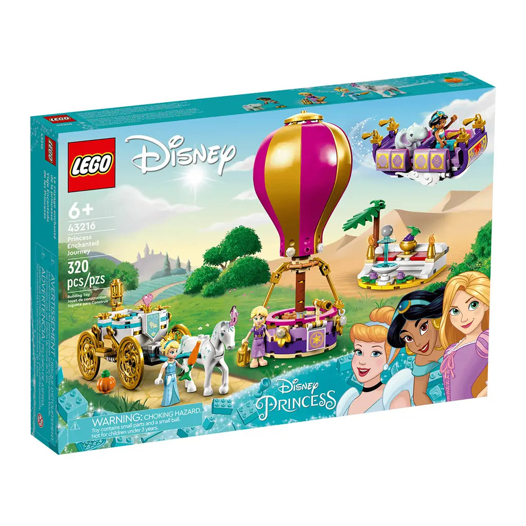 LEGO Disney Princess 43216 box in turquoise features the pink and gold balloon, white carriage, flying carpet, animal scene and princess characters on the front.
