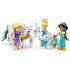 LEGO Disney Princess figures in purple, blue and turquoise plastic show Rapunzel, Cinderella and Jasmine beside a white horse and mint elephant on a white background.