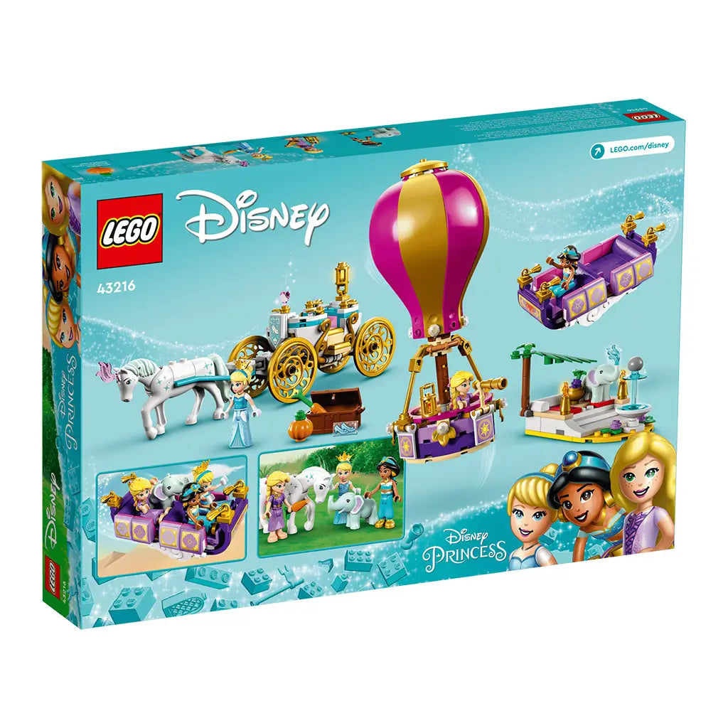 LEGO Disney Princess 43216 box in turquoise shows the pink and gold balloon, carriage, flying carpet, animal scene and three princess mini-dolls on the package back.