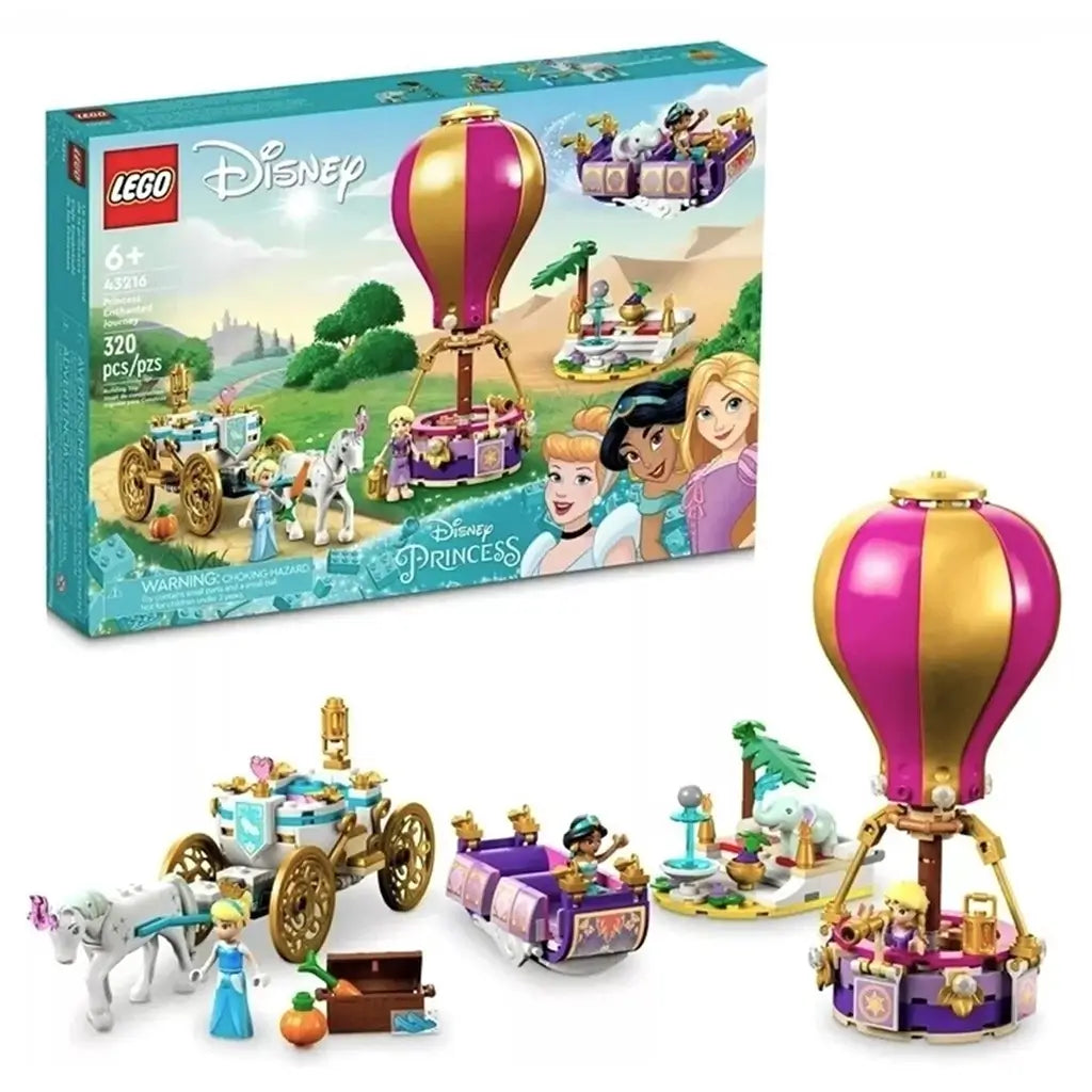 LEGO Disney Princess 43216 set in pink, purple, turquoise, white and gold plastic is displayed with its box, balloon, carriage, flying carpet, animals and figures.