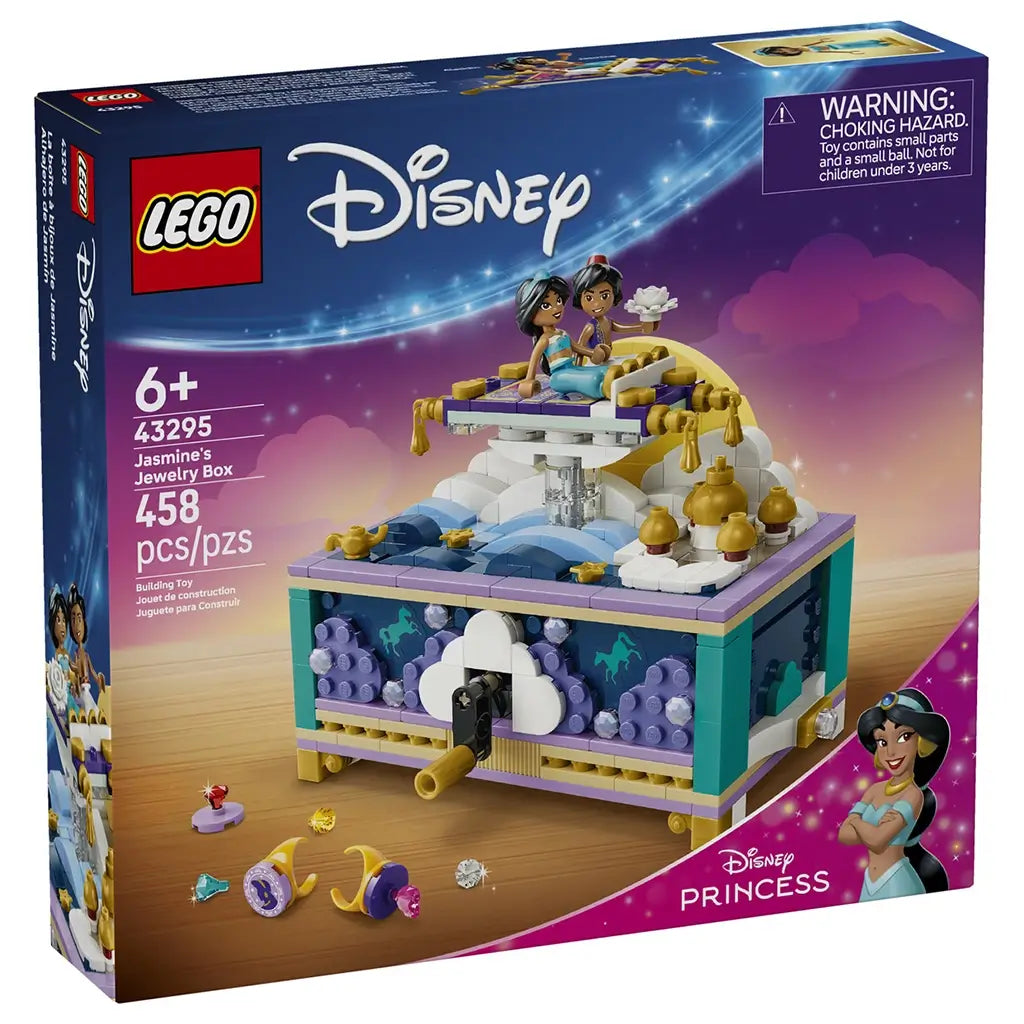LEGO Disney Princess Jasmine's Jewelry Box box front in navy and pink shows the teal, lavender, white, and gold 458-piece crank box, palace scene, figures, and colorful gems.