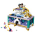 LEGO Disney Princess Jasmine's Jewelry Box in teal, lavender, white, and gold plastic has a rectangular crank box topped by a palace scene with Jasmine, Aladdin, and loose gems.