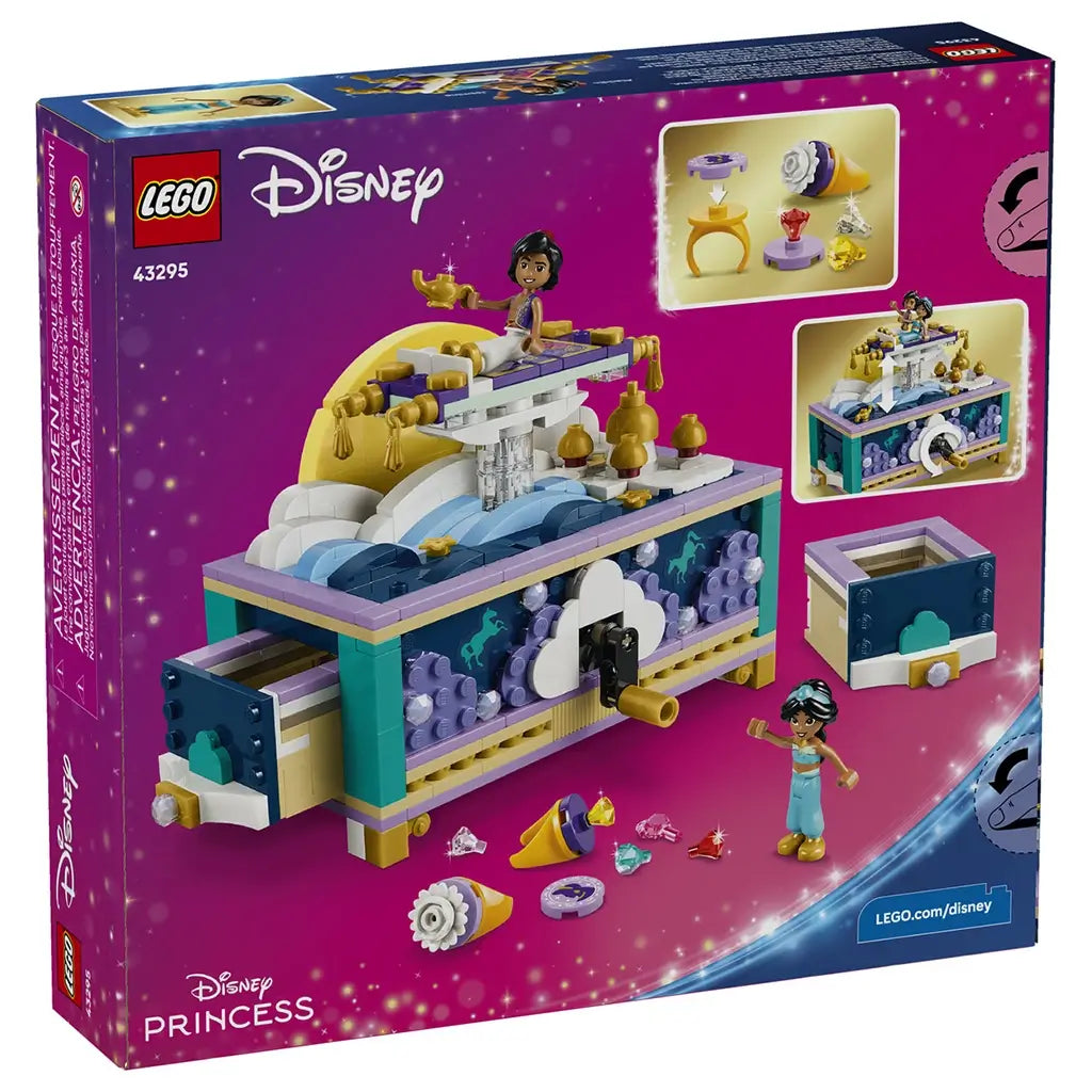 LEGO Disney Princess Jasmine's Jewelry Box box back in magenta and navy shows the teal, lavender, white, and gold crank box, removable drawer, Jasmine figure, gems, and play features.