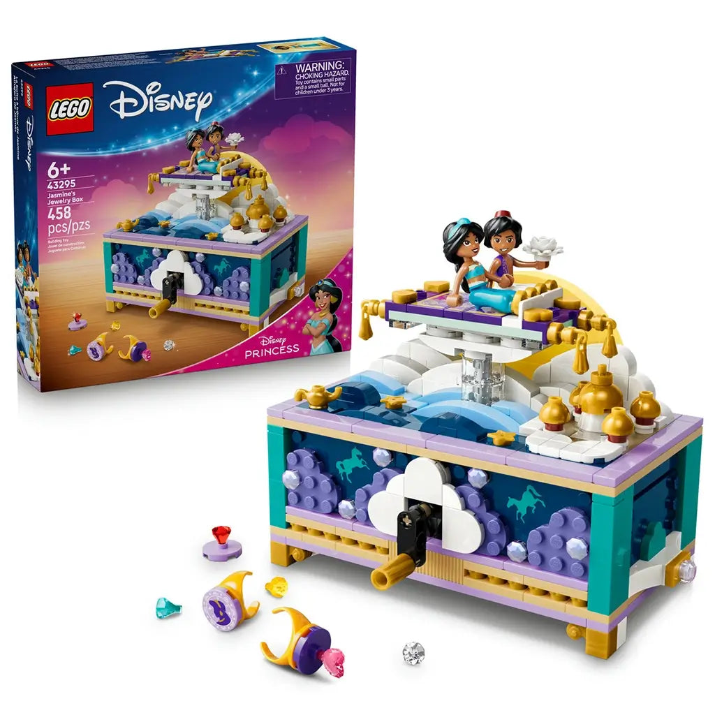 LEGO Disney Princess Jasmine's Jewelry Box in teal, lavender, white, and gold plastic features a rectangular crank box, palace scene, Jasmine and Aladdin figures, and gem pieces.