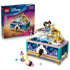 LEGO Disney Princess Jasmine's Jewelry Box in teal, lavender, white, and gold plastic features a rectangular crank box, palace scene, Jasmine and Aladdin figures, and gem pieces.