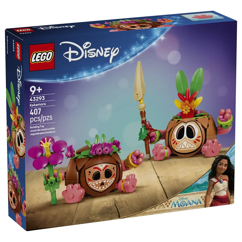 LEGO Disney Moana Kakamora 407-piece set box front in navy and blue shows two brown coconut warriors with pink hands, tropical flowers, leafy headpieces, and a tan spear.