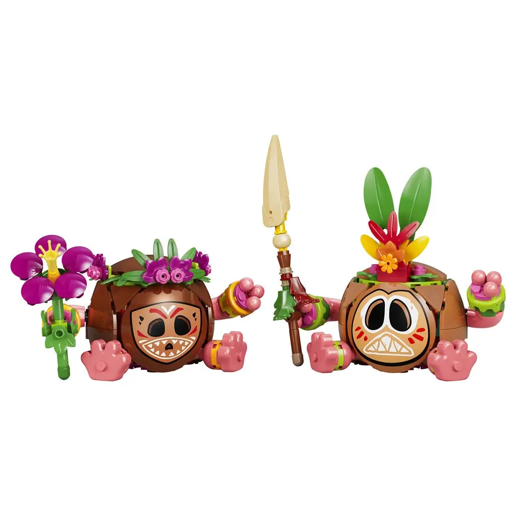 LEGO Disney Moana Kakamora set in brown, pink, green, purple, and tan plastic features two round coconut warriors with printed faces, floral headpieces, spear, and flower accessory.