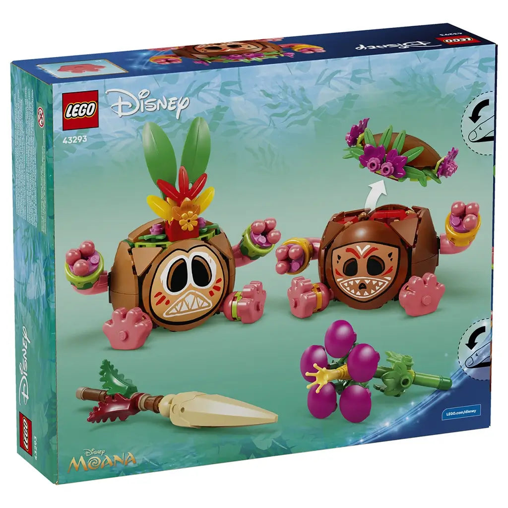 LEGO Disney Moana Kakamora set box back in aqua and navy shows two brown coconut warriors with pink hands, removable floral headpieces, a purple flower, and tan spear.