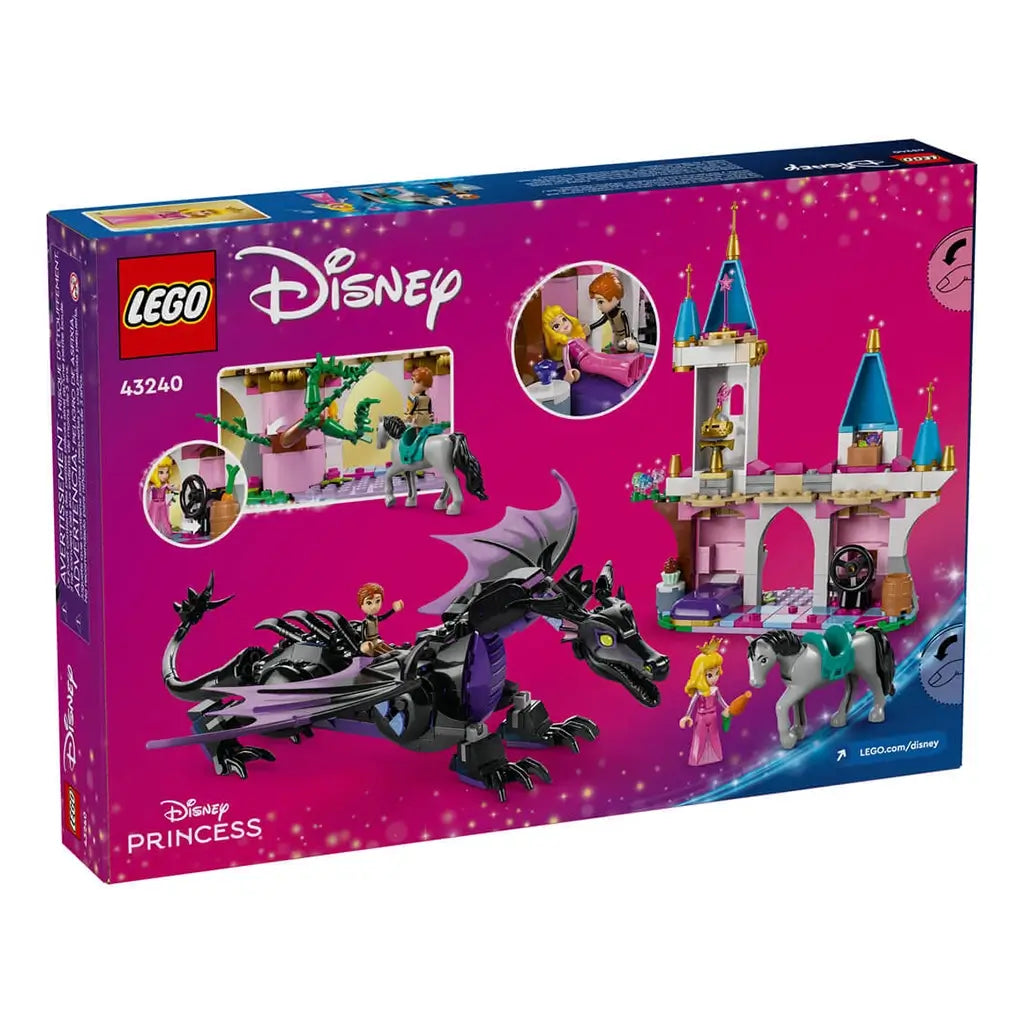 LEGO Disney Princess Maleficent's Dragon Form set packaging back in blue and pink cardboard with feature images showing castle play functions, dragon articulation and character scenes.