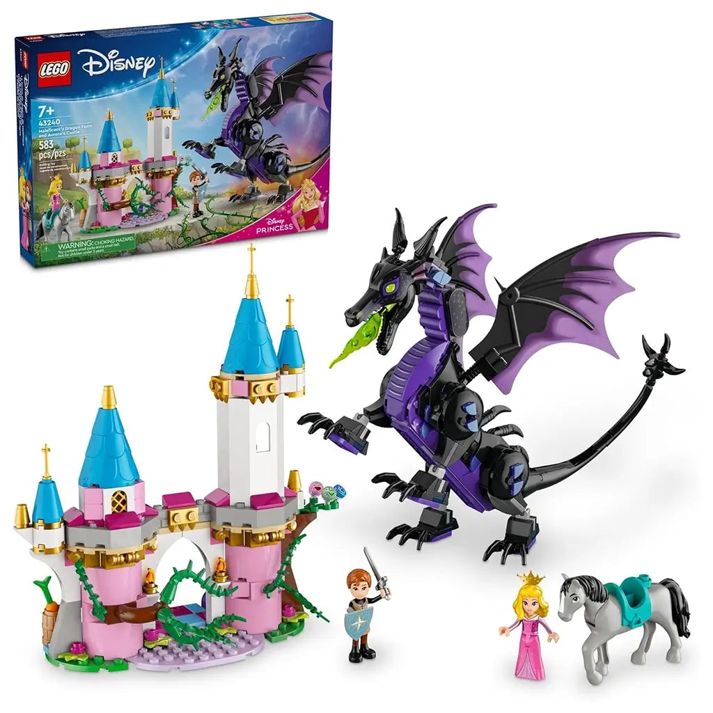 LEGO Disney Princess Maleficent's Dragon Form set in black, purple, pink and blue plastic with a castle, dragon, Aurora, Prince Phillip and horse displayed on a clean white background.