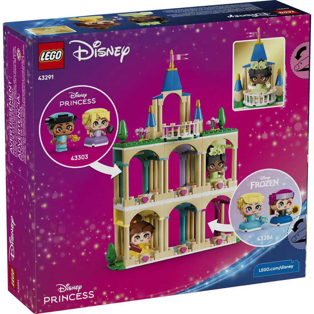 LEGO Disney Princess packaging back panel displaying the Mini Belle and Tiana Castle build, character compatibility graphics, pastel castle details, and additional Disney Princess set connections.