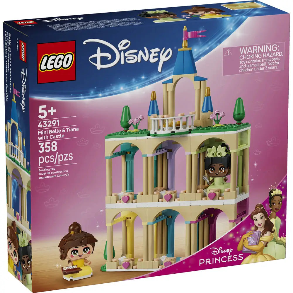 LEGO Disney Princess Mini Belle and Tiana Castle box showing tan and pastel castle build with blue spires, character figures, heart details, age 5+ label, and official LEGO Disney branding.