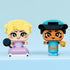 LEGO Disney Princess mini figures displayed together with teal and purple outfits, rounded bases, large expressive eyes, and themed accessories, posed against a soft pastel background.