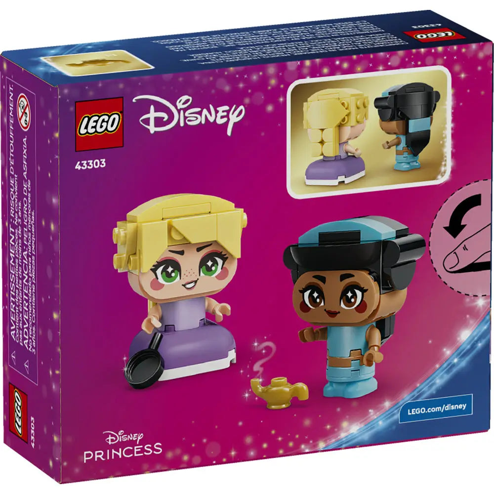 LEGO Disney Princess Mini Jasmine and Rapunzel box back showing teal and purple figures, play features, character accessories, and visual instructions printed on branded retail packaging.