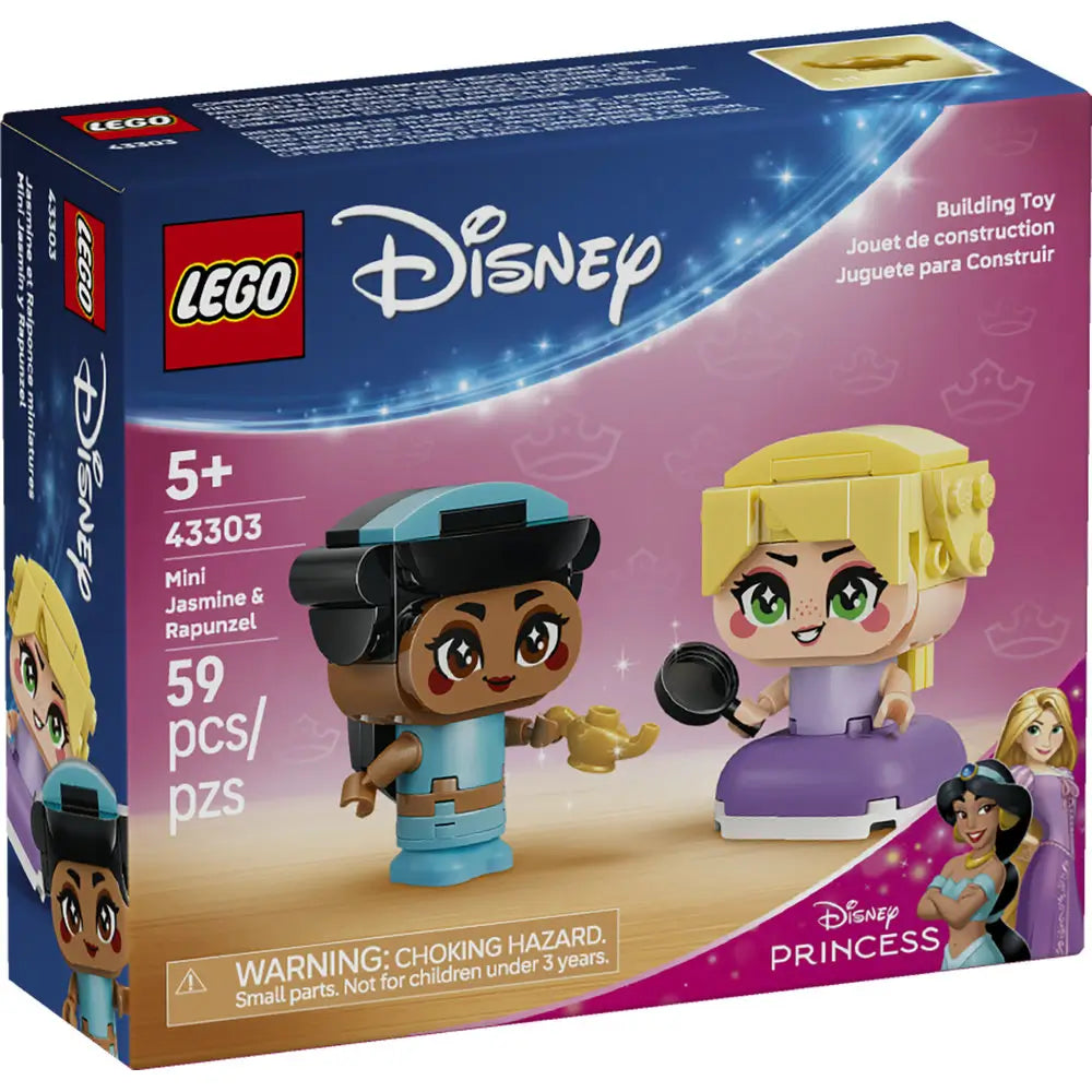 LEGO Disney Princess Mini Jasmine and Rapunzel box front featuring teal and purple mini figures, character accessories, age guidance, and branded artwork displayed on official retail packaging.