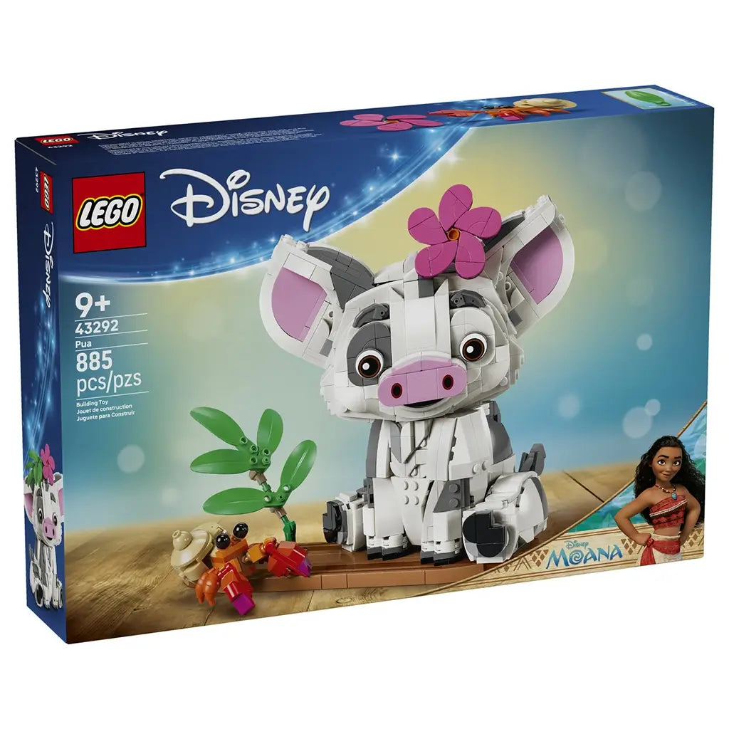 LEGO Disney Moana Pua 885-piece set box front in navy and aqua shows the white and gray pig with pink ears and flower, plus green leaves, Heihei, and a brown display base.