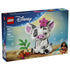 LEGO Disney Moana Pua 885-piece set box front in navy and aqua shows the white and gray pig with pink ears and flower, plus green leaves, Heihei, and a brown display base.