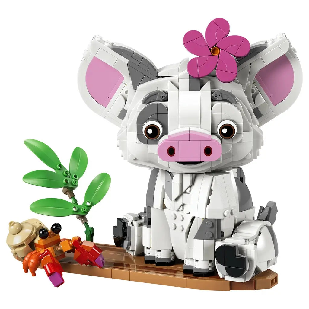 LEGO Disney Moana Pua set in white, gray, pink, green, brown, and orange plastic features a seated pig with pink flower, leafy plant, Heihei figure, and canoe-style display base.