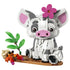 LEGO Disney Moana Pua set in white, gray, pink, green, brown, and orange plastic features a seated pig with pink flower, leafy plant, Heihei figure, and canoe-style display base.