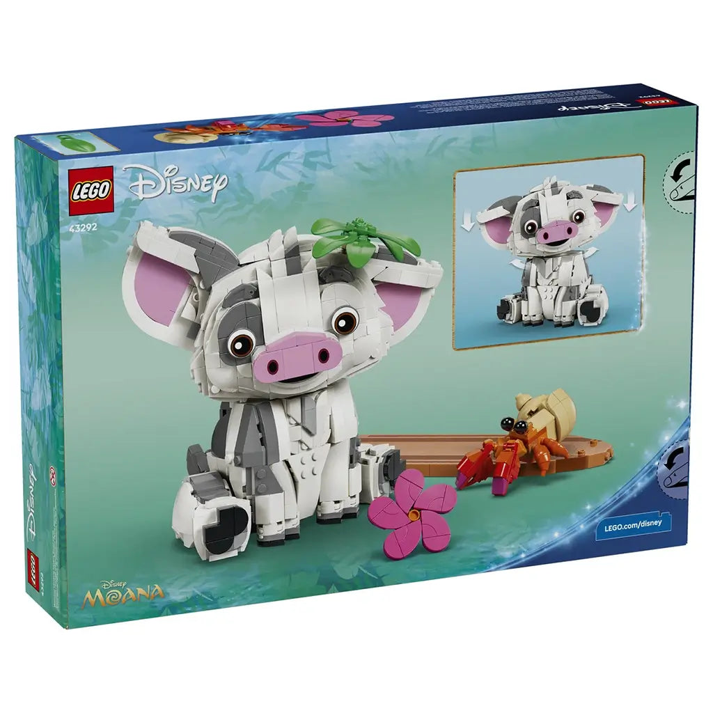 LEGO Disney Moana Pua set box back in aqua and navy shows the white and gray pig with pink details, movable ears, leafy headpiece, Heihei figure, flower, and brown base.
