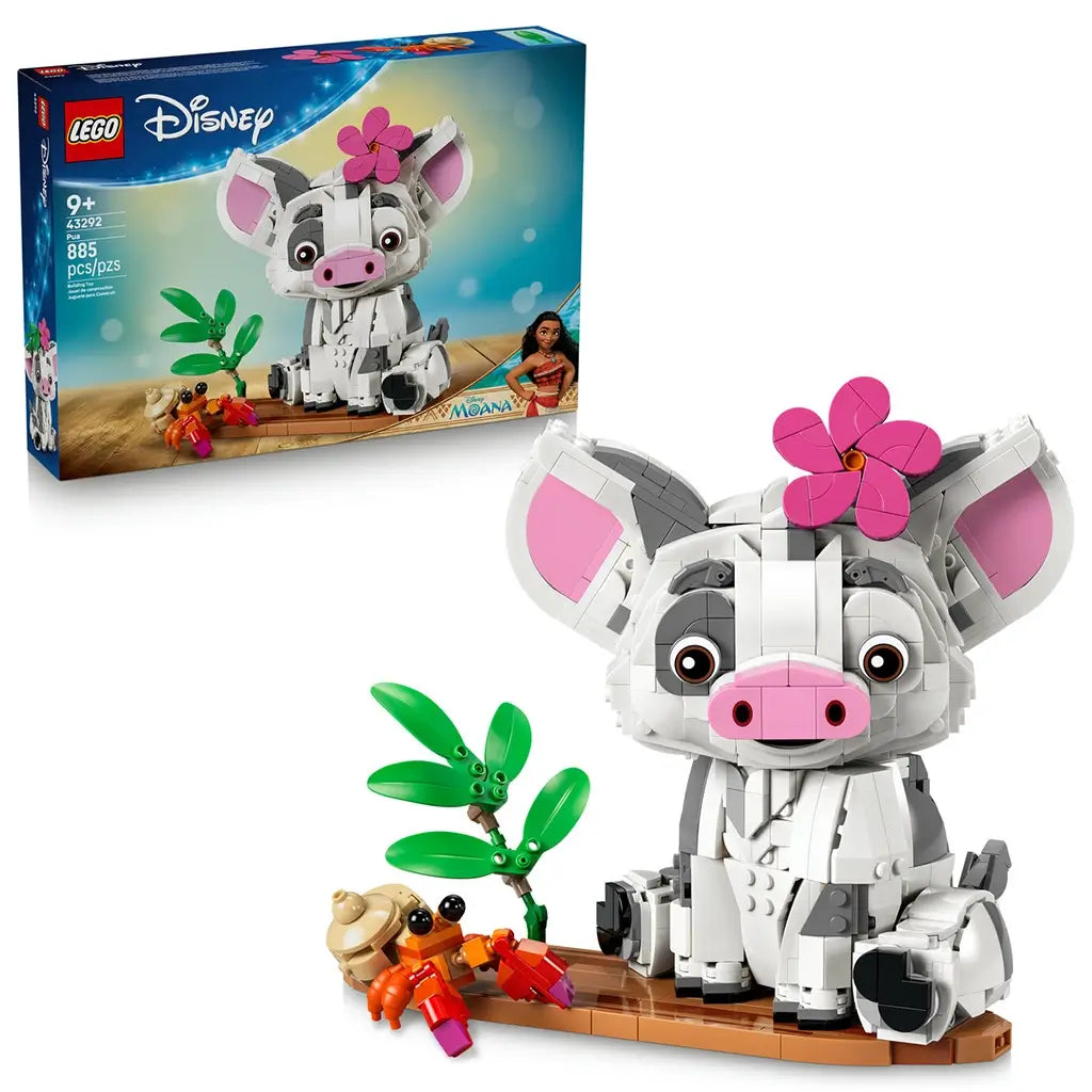 LEGO Disney Moana Pua 885-piece set in white, gray, pink, green, brown, and orange plastic displays the seated pig, leafy plant, Heihei, and brown base beside the retail box.